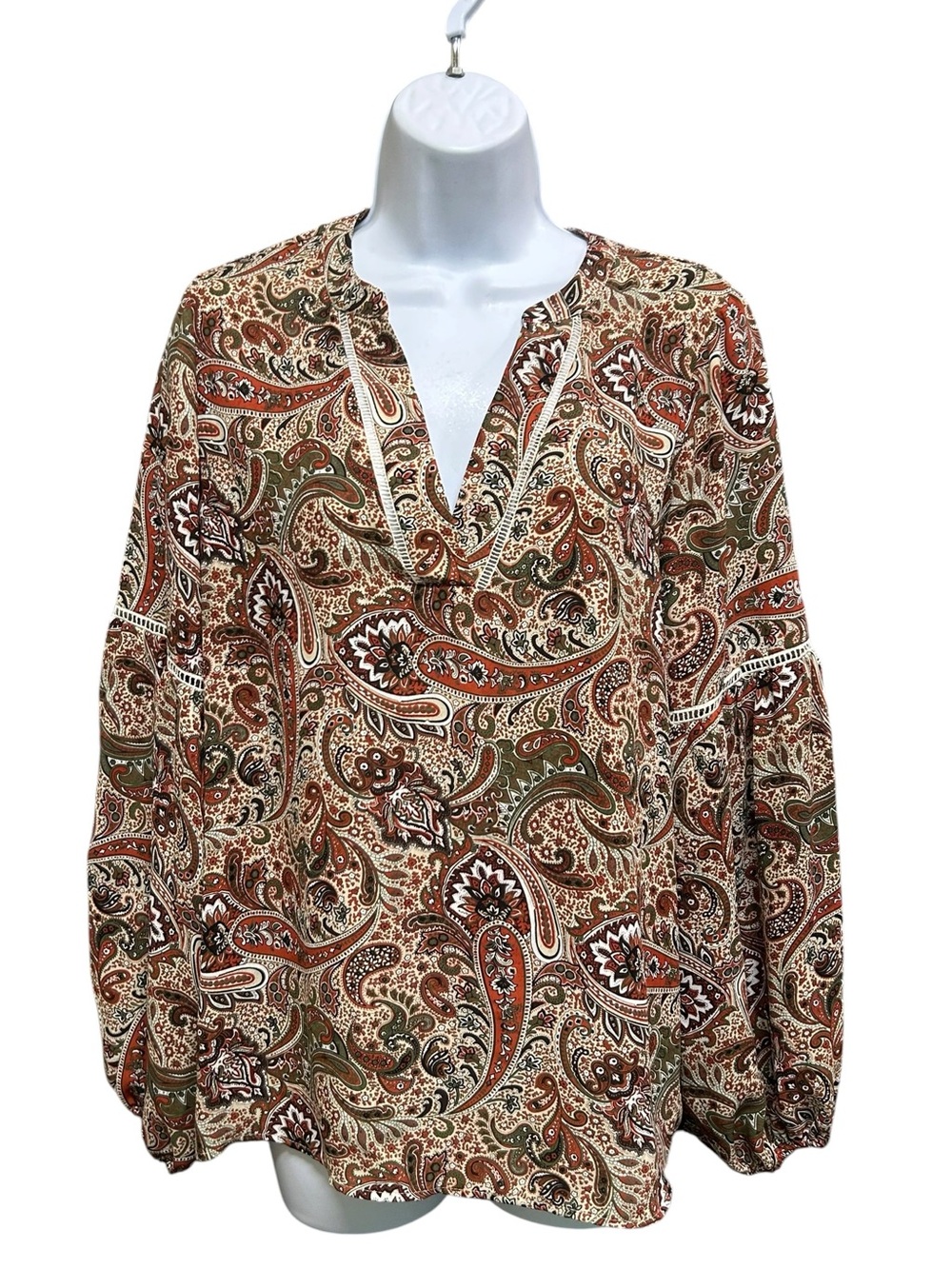 Christopher Banks Rust Brown Green Paisley Puffy Poet Sleeve Blouse Size S